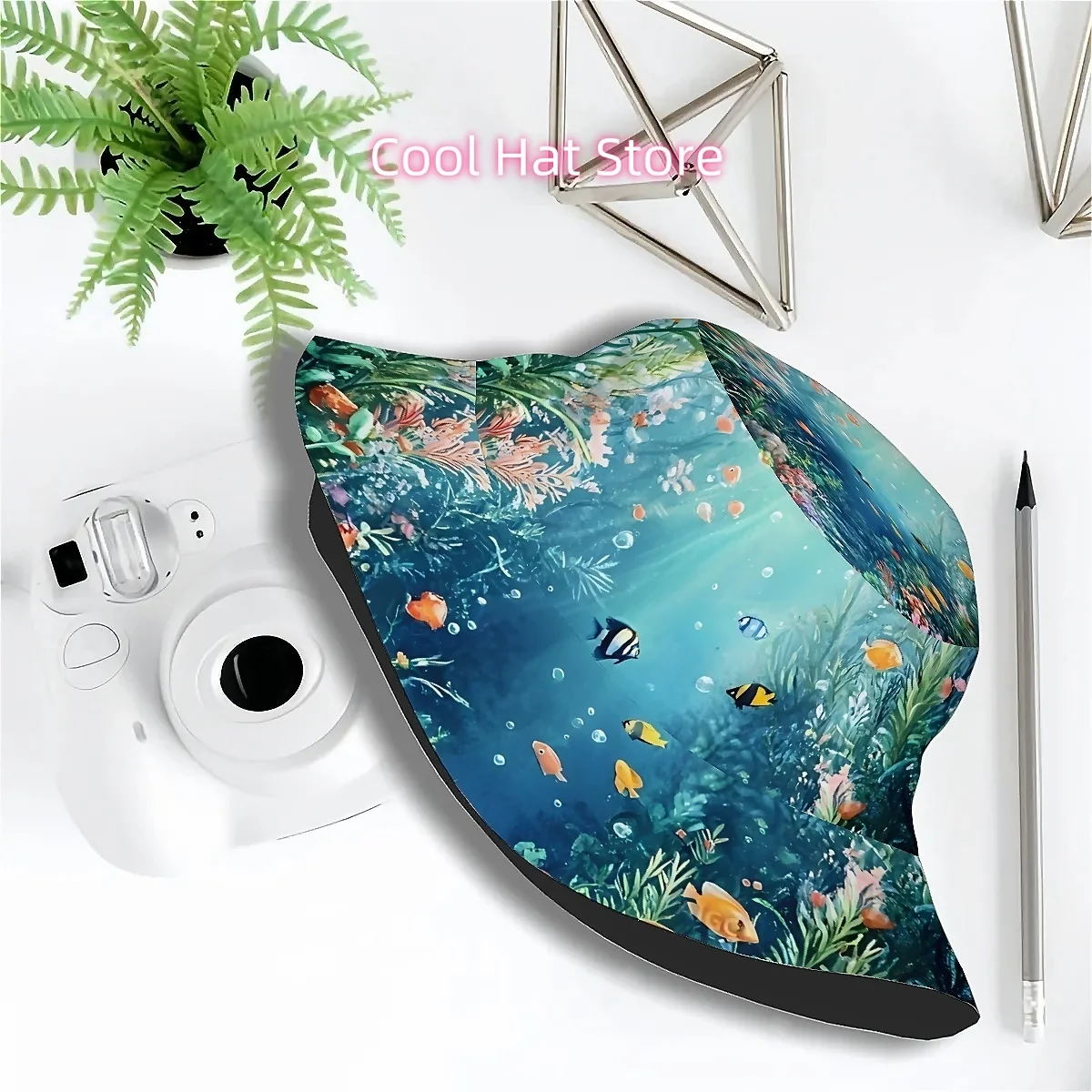 1pc Men's & Theme Fish Print Bucket Hat - Turquoise Blue & Pink Coral Reef with Nemo & Clownfish Design, Wide Brim for Beach, Fi