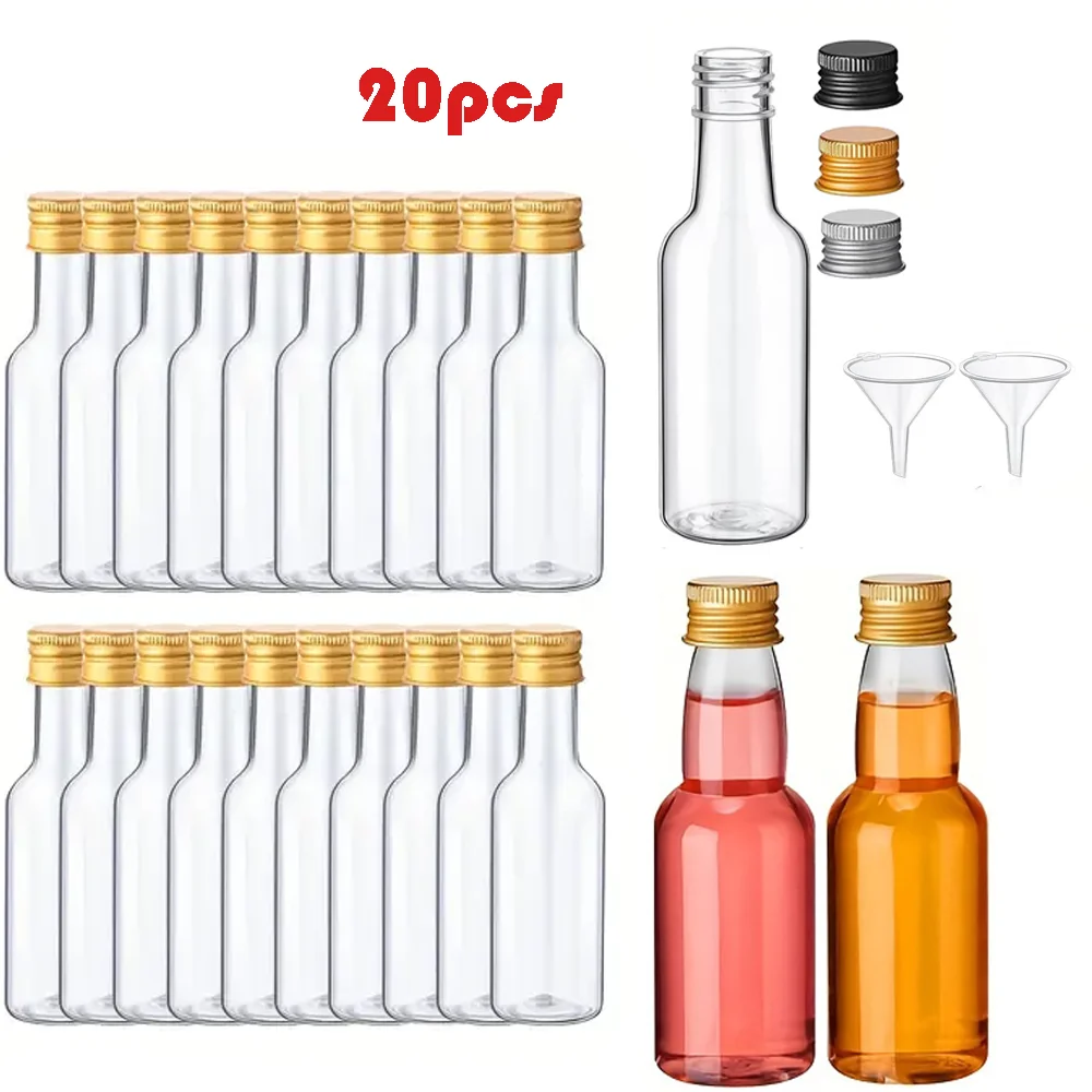 20 Mini-Weinflaschen mit Deckel in Gold, Silber oder Schwarz, 1,7 oz kleine Plastikbecher mit 2 Trichtern – wiederverwendbarer Trinkbehälter für Partys, Proben und Spirituosen