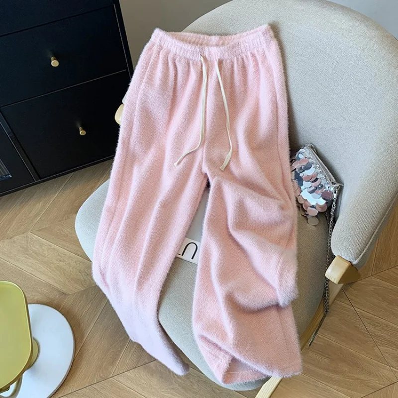 Mink Velvet Knitted Glutinous Rice Wide-Leg Pants for Women Winter Apricot Color Fleece Thickened Pants Straight Drawstring Soft