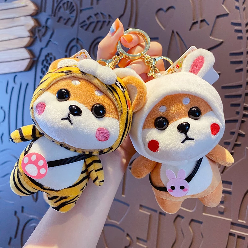 Cartoon Pink Strawberry Shiba Inu Plush Doll Toy Keychain Cute Tiger Puppy Pendant Keyring Student Backpack Women Bag Key Chain
