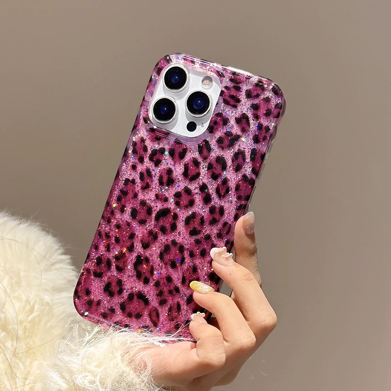 Ins Beliebte Glitzernde Rose Schwarze Leopardenmuster Hülle für iPhone 13 14 15 16 17 18 Pro Max Stoßfeste Harte IMD Rückseite – Detail 16
