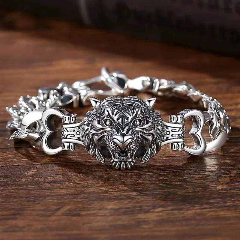 

Domineering Charm Tiger Head 925 Sterling Silver Original Certified Bracelet Men's Simple Hegemony Luxurious Jewelry Bangle