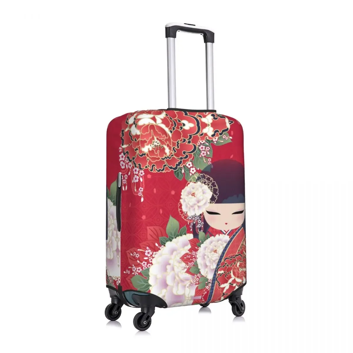 Kawaii Kokeshi Doll Cherry Blossoms Travel Luggage Cover Dust Proof Japanese Girl Art Suitcase Cover Protector Fit 18-32 Inch