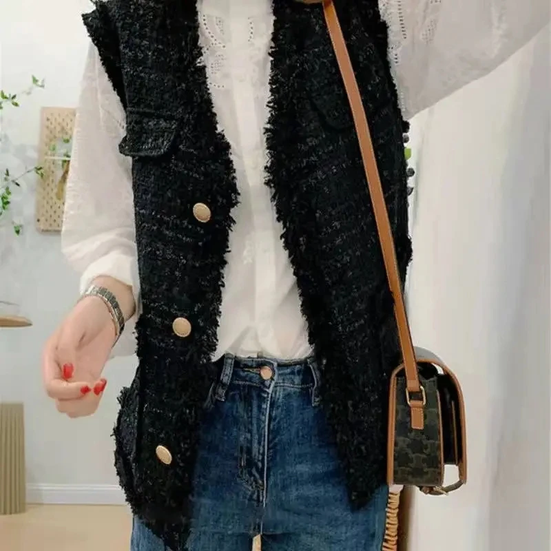 2025 Spring Autumn New Coarse Tweed Vest Fashion Women\'s Sleeveless Vest Coat Versatile Waistcoat Loose Female Tank Top Jacket