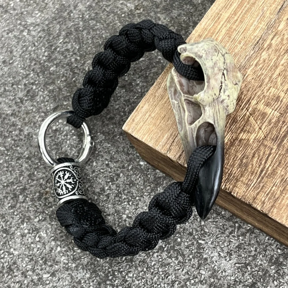 Nostalgia Punk Rock Odin Raven Skull Resin Jewelry Viking Bracelet Runic Rune Bead Paracord Crow Skeleton Bangle Accessories