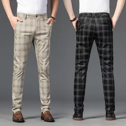 Black Beige Summer Plaid Pants Men Korea Style Regular Fit Office Suit Pants Formal Dress Trousers For Men Wendding