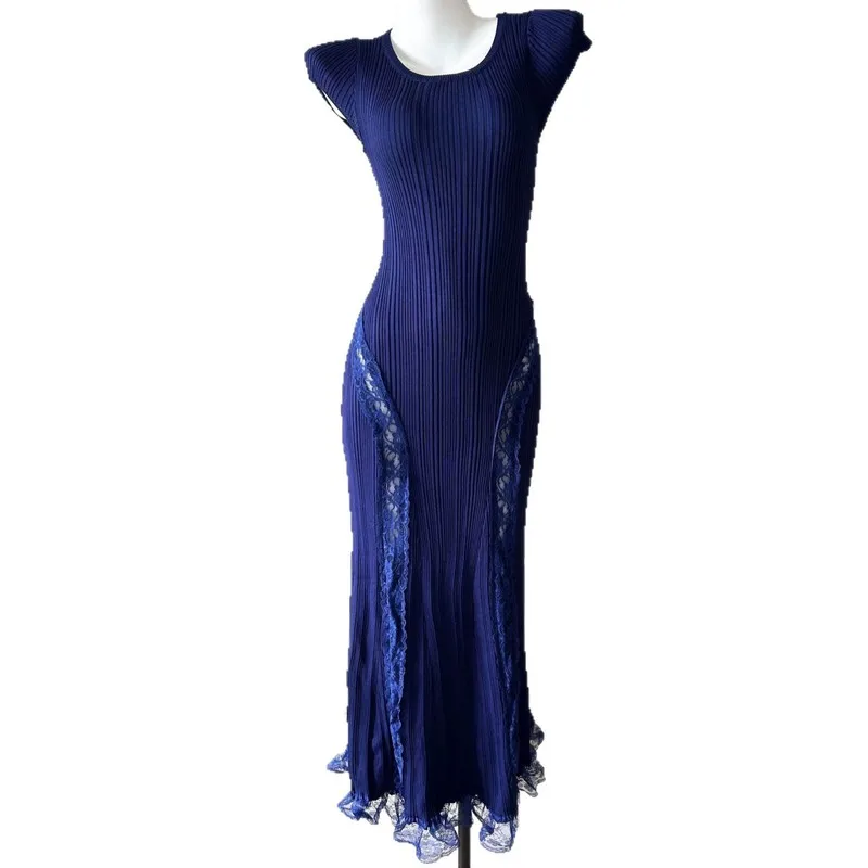 Abito Estivo da Donna Nuovo Stile alla Moda in Maglia a Maniche Corte con Pizzo, Elegante Vestito Lungo Aderente Femminile per Feste e Uso Quotidiano
