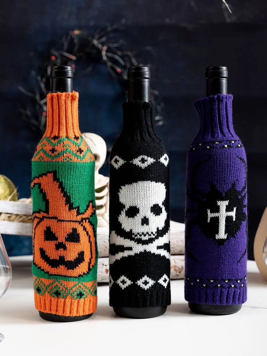 Halloween dekoratives gestricktes Kürbisflaschen-Set, Layout von Champagnerflaschen-Set für Totenkopf, Festival, Party, Tisch, Halloween-Dekoration