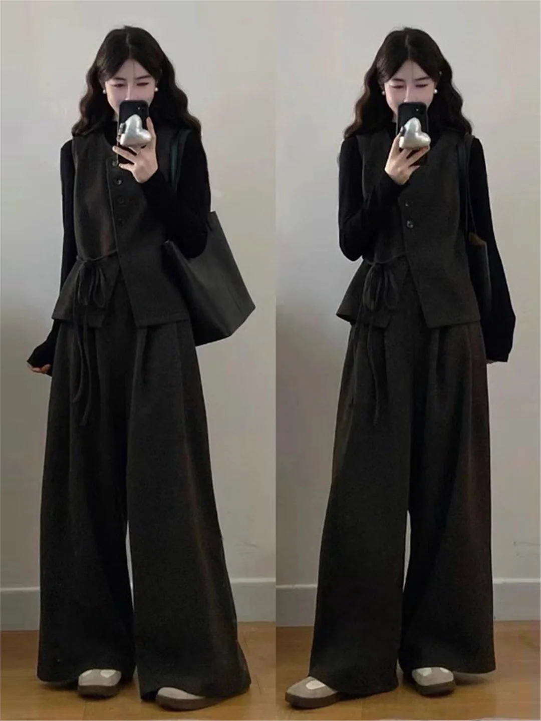 

Комплект для полных женщин: Элегантный шерстяной жилет, брюки с широкими штанинами и футболка — осенний модный костюм-тройка