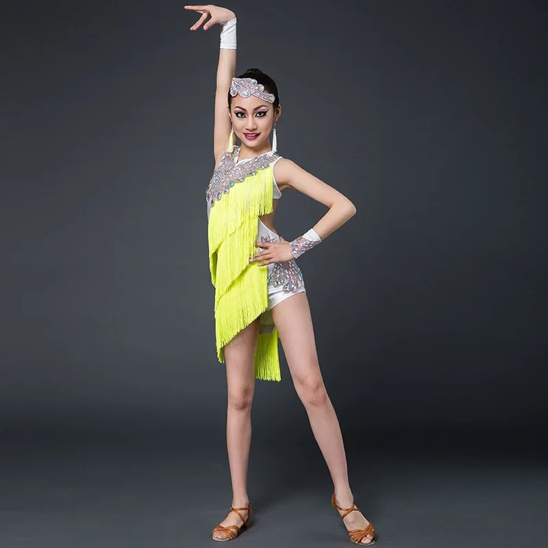 

High Quality Fringed Latin Dance Costume Children Rumba Tango Cha Cha Competition Dance Wear Ballroom Dancing Dresses for Kids