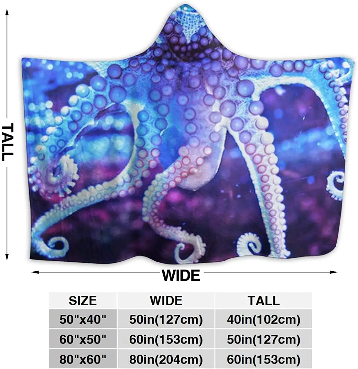 Octopus Tentacles Blue and Purple Swirl Sea Animal Wearable Blanket Hooded Blanket Mens Womens Fall Sherpa Fleece Blankets