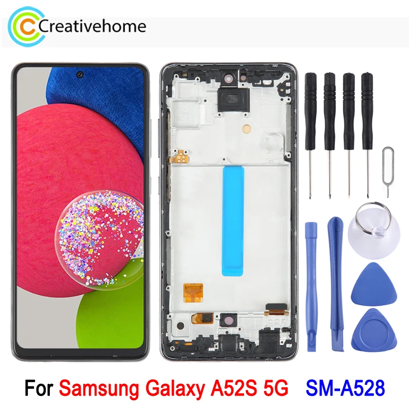 

OLED Screen with Frame For Samsung Galaxy A52S 5G SM-A528 Phone LCD Display and Digitizer Full Assembly Replacement Part