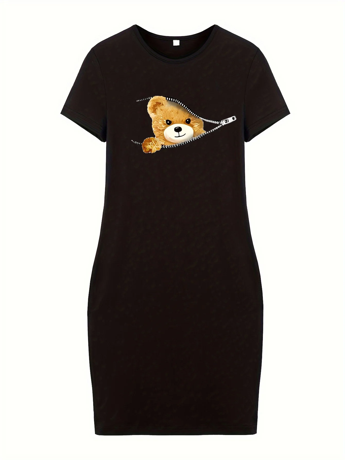 Summer women\'s BEAR cartoon print casual  Bodycon Dress with Crew Nec slim fit short sleeved round neck T-shirt short mini dress