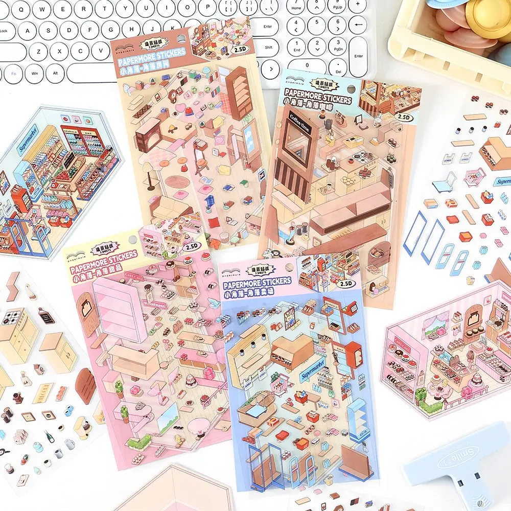 3D Cartoon Landscape Stickers Cute Miniature Scene Cabin Decompression DIY Material Stickers