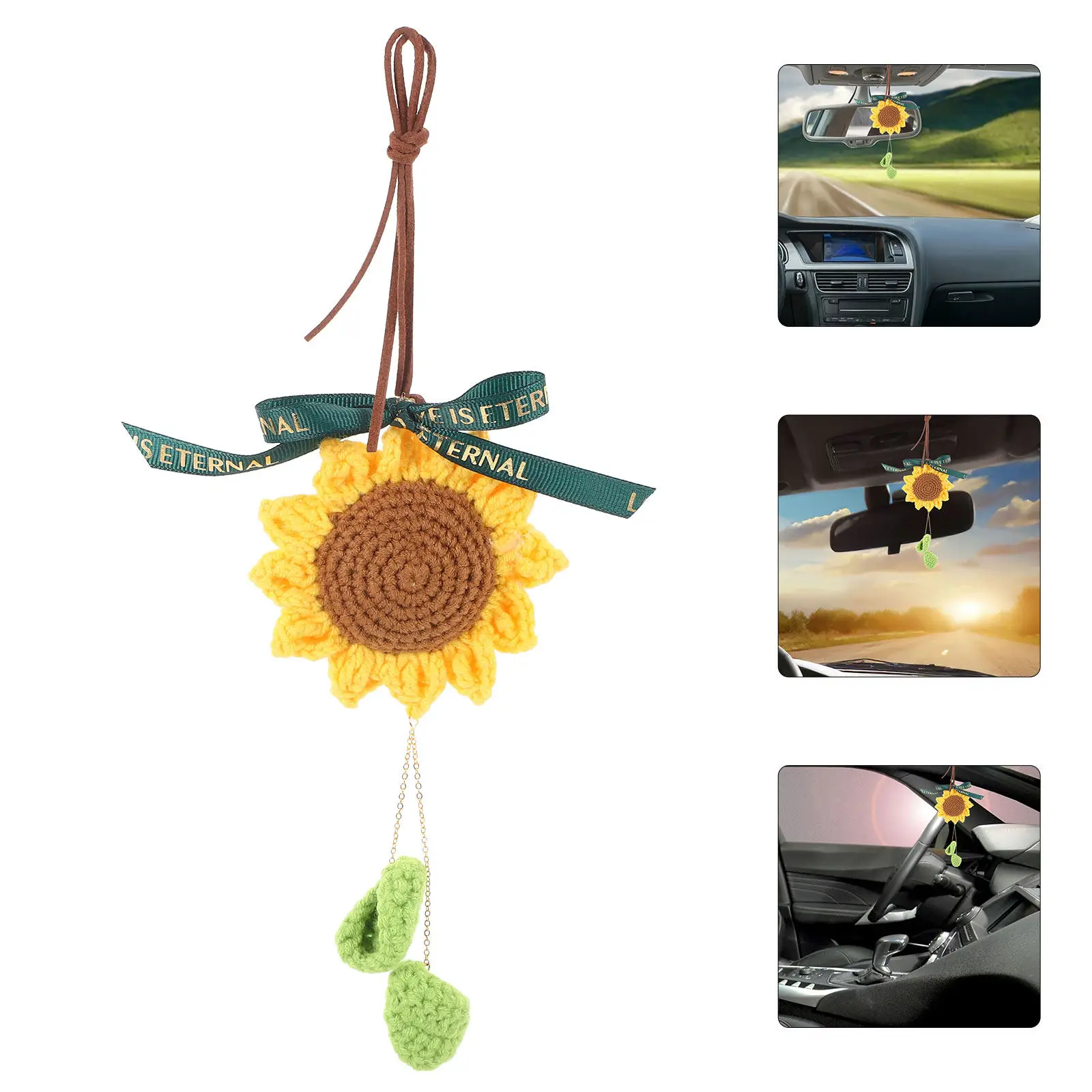 

Sunflower Crochet Car Mirror Hanging Ornament Hand Knitted Pendant For Car Interior Decoration Keychain Charm Hanging