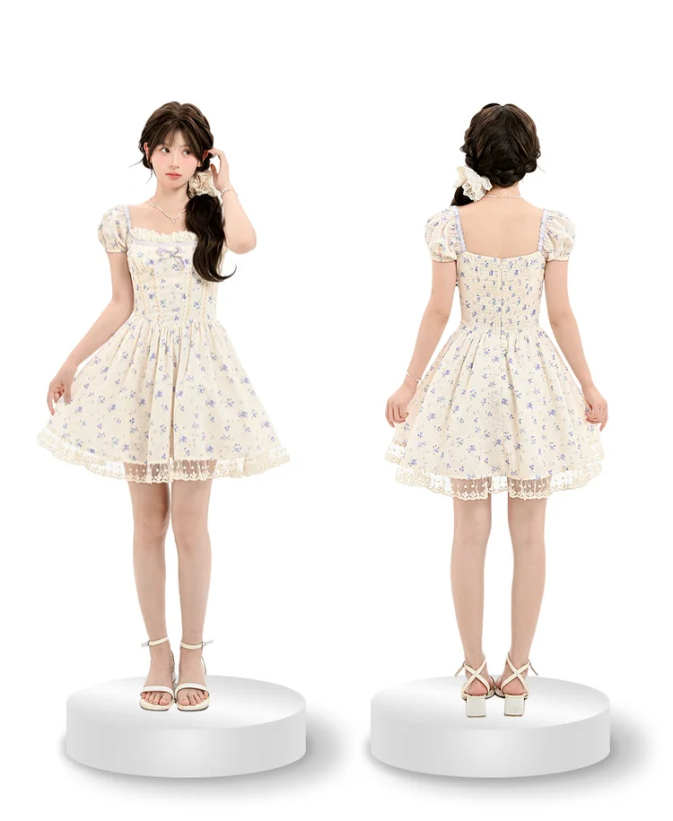 Abiti floreali Lolita dolci stile vacanza per ragazza giapponese Mori, collo quadrato, fiocco, maniche a sbuffo, vita alta, abito elegante da donna estivo