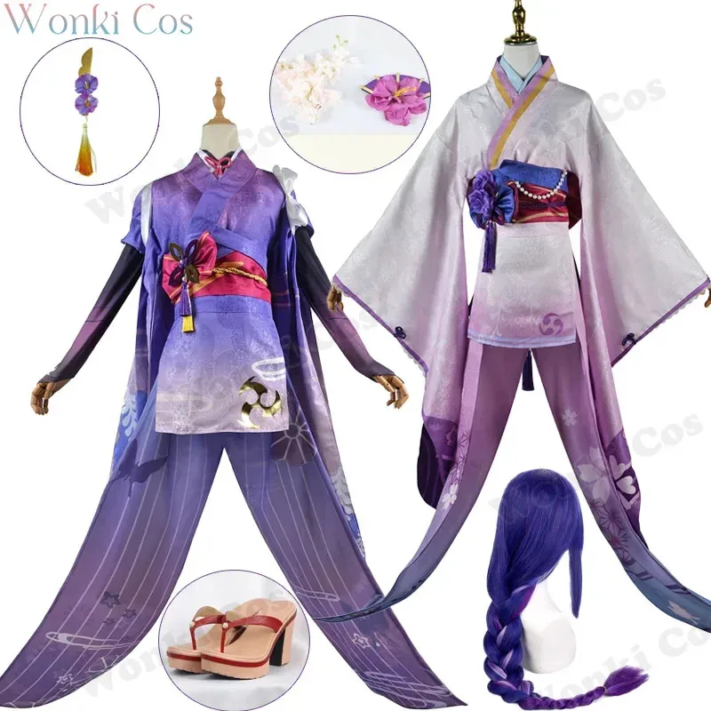 

Raiden Ei Shougun Beelzebul Cosplay Costume Kimono Full Set Suits Impact Raiden Makoto Baal Cosplay Shoes for Women
