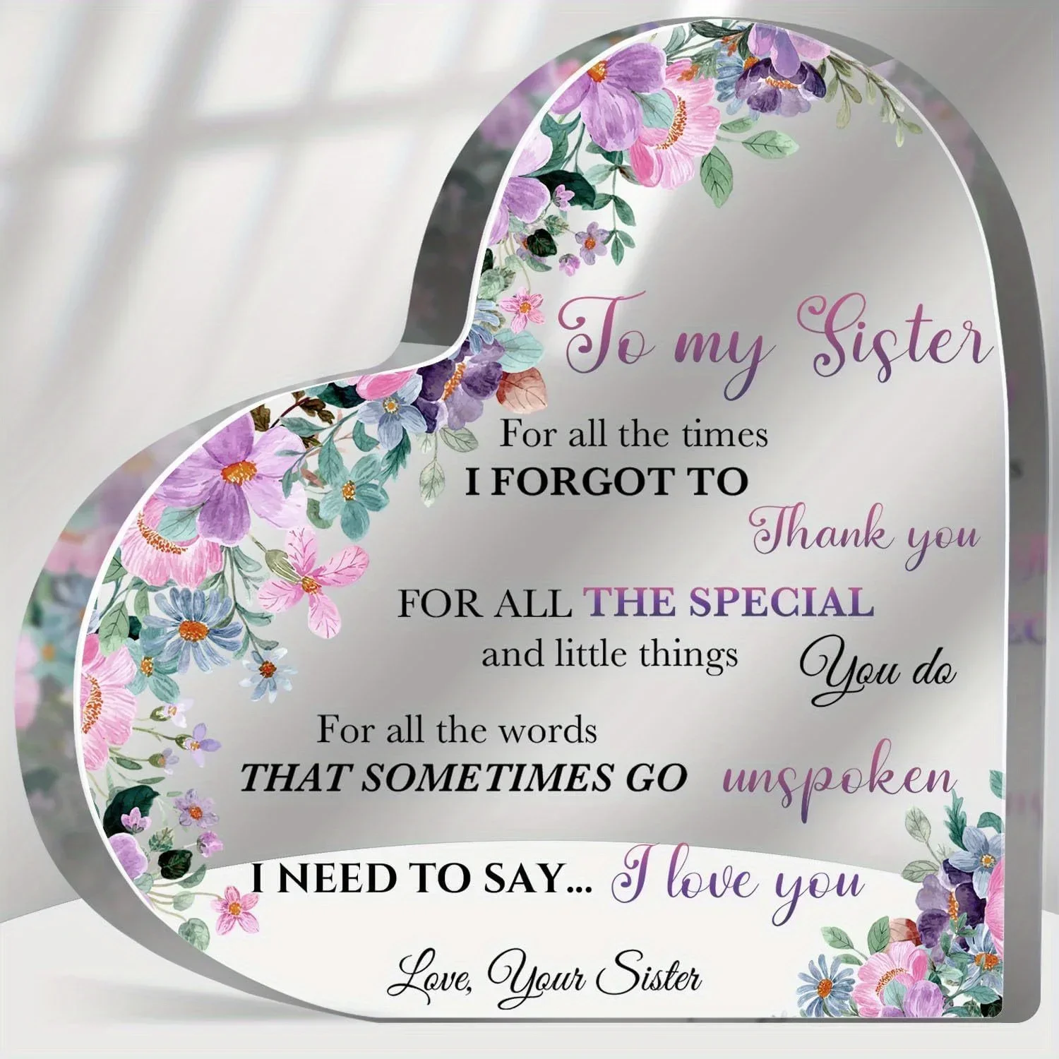 Heart Acrylic Plaque To My Sister Purple Floral Table Decor Gift,Watercolor Purple Pink Flower Clear Acrylic Heart Gift For Sister Birthday