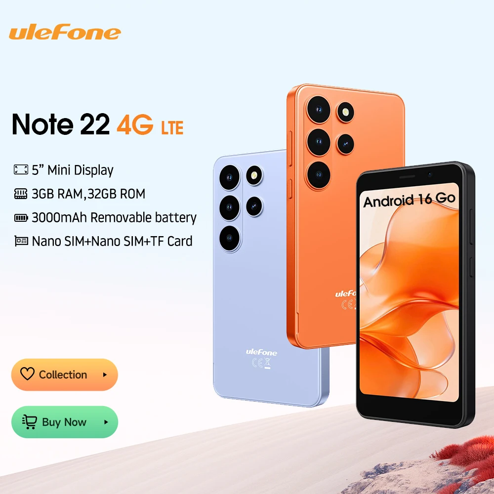 【2026 New】Ulefone Note 22 4G Mini Smartphone Android 16 Go 3GB RAM+32GB ROM 3000mAh Removable Battery Mobile Phone 5.0