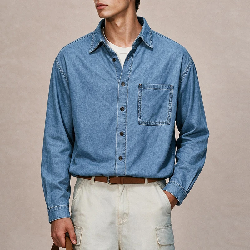 Men's Thin Denim Long Sleeve Shirt, Lapel Solid Color Button Down Casual Blouse, Men Spring Autumn Daily Wear Inner & Outer Top