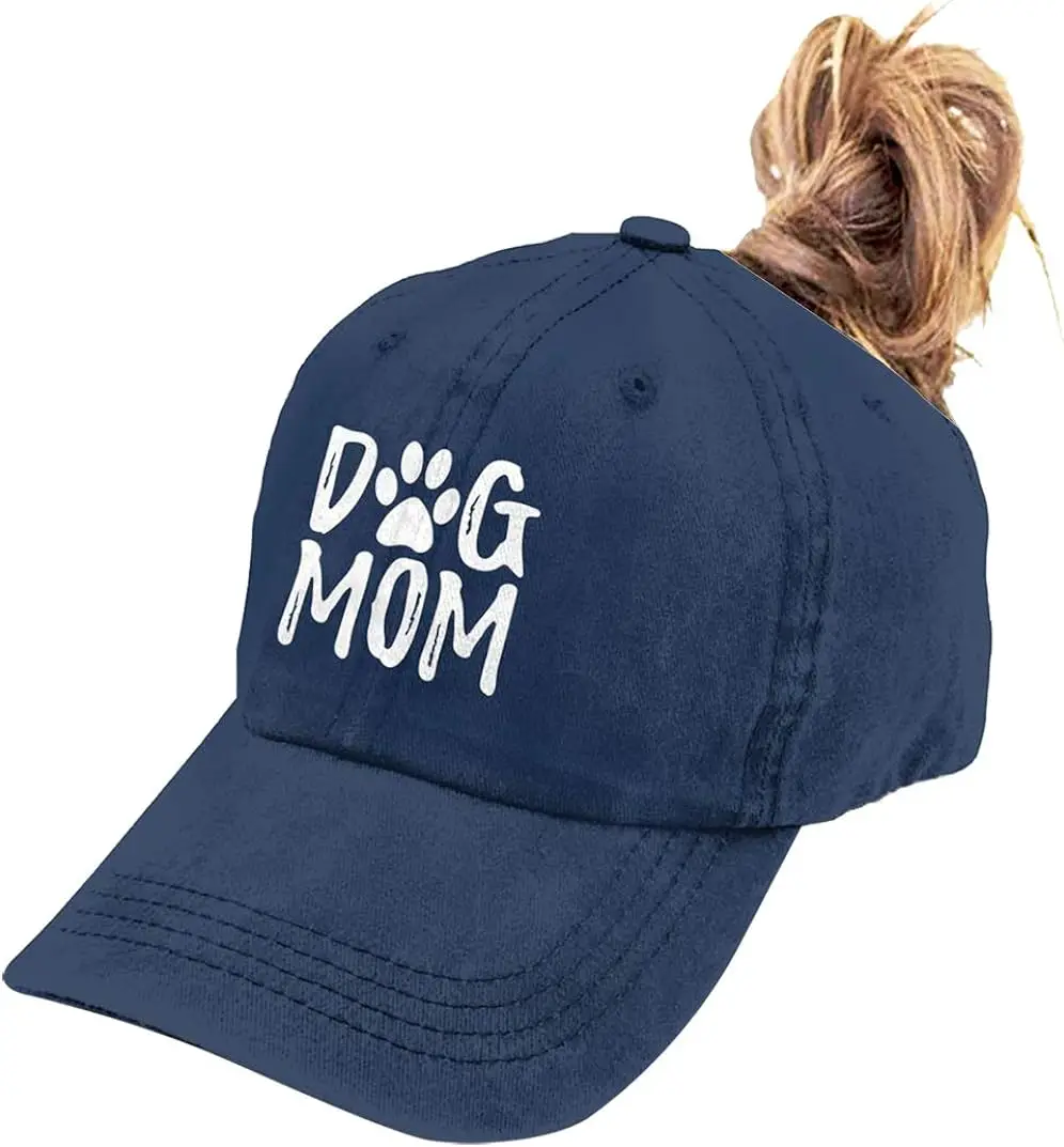 Women's Dog Mom Hat Ponytail Adjustable Vintage Washed Distressed Denim Baseball Dad Cap