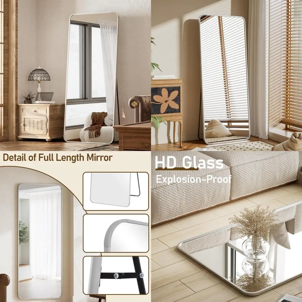 Espelho de chão prateado de comprimento total 65x24, cantos arredondados, suporte ou couro, adequado para quarto e sala de estar