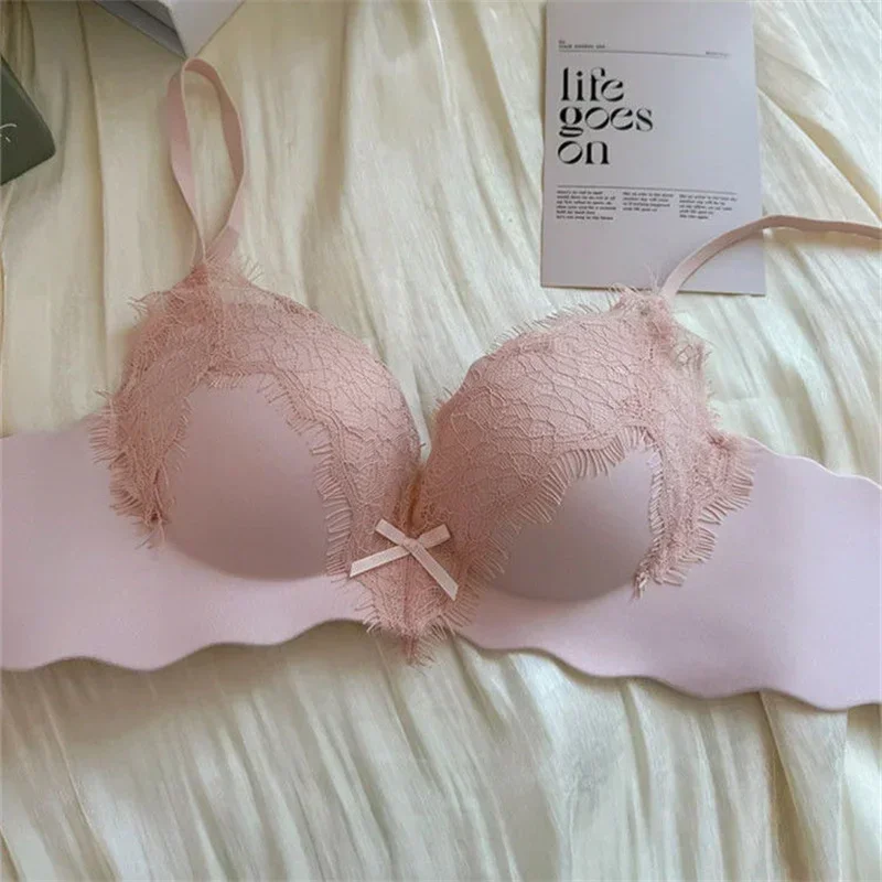 

Mujer Bralette for Women Lace Push Up Bra Pink Bow Beauty Sexy Seamless Bras Non Wire Brassiere Femme Lingeries Bielizna Damskaa