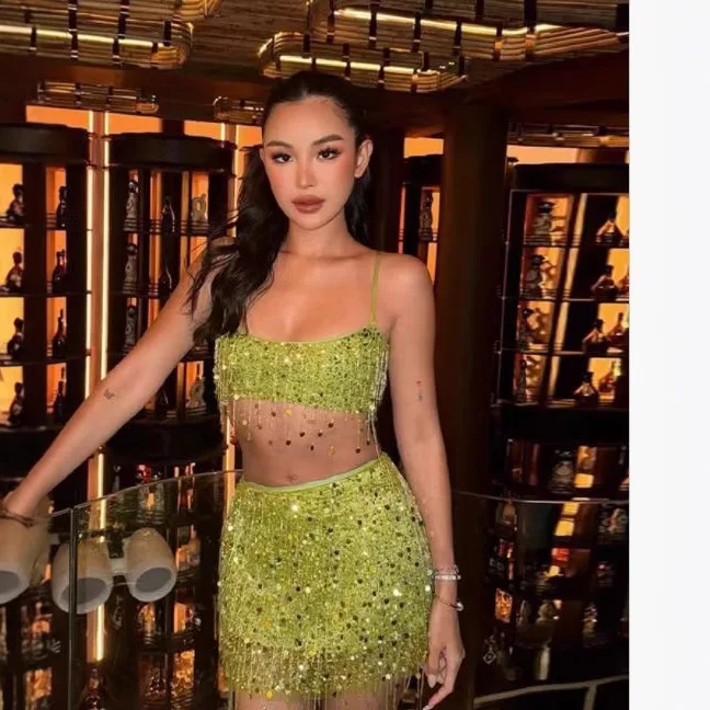 

Sexy Tassel Sequins Vest Mini Skirt Women Crop Sling Vests Short Hip Package A-line Skirts 2026 Summer Lady Beach Party Outfits