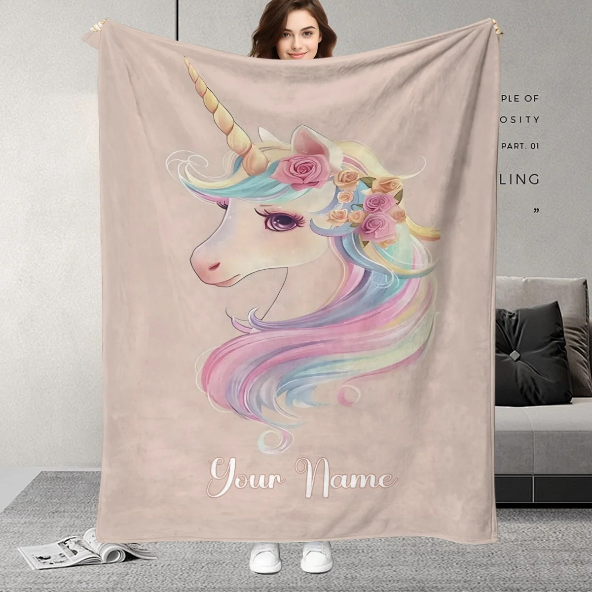 

Custom Name Unicorn & Roses Pattern Blanket, Fantasy Themed Photo, Perfect Gift for Birthdays & Special Occasions