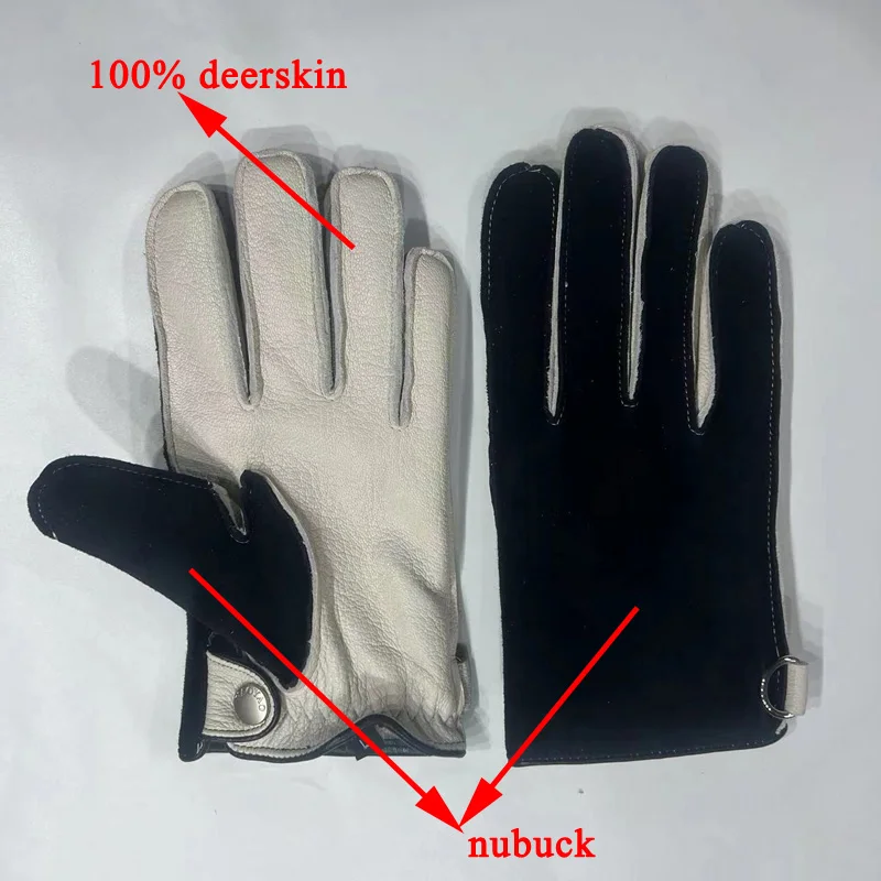 Locomotive Retro Sports Leather Gloves For Men Winter 100% Deer Skin Touched Fleece Lined Warm Black Mittens Youth Husband Gift