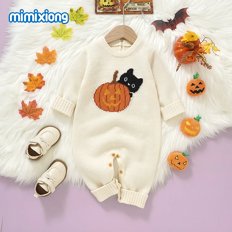 

Детская одежда на Хэллоуин, милые вязаные комбинезоны с тыквой для новорожденных мальчиков и девочек, комбинезоны с круглым вырезом и длинными рукавами, одежда для малышей 0-18 м