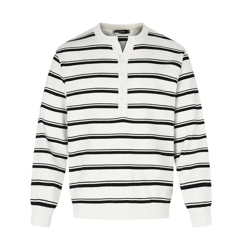 Striped Two Tone Half Placket Knit Sweater For Men Women O-neck Oversized Drop Shoulder Long Sleeve Basic Casual Top BN2V