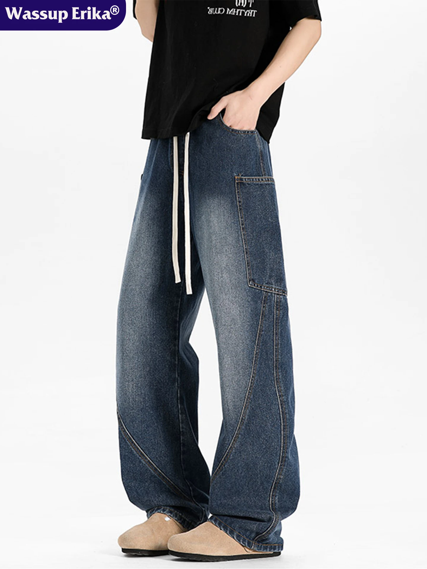 

WASSUP ERIKA American Retro Waed Wide Leg Pants Men Summer Trendy Loose Dra Knife Jeans Straight Leg Cotton Polyester B...