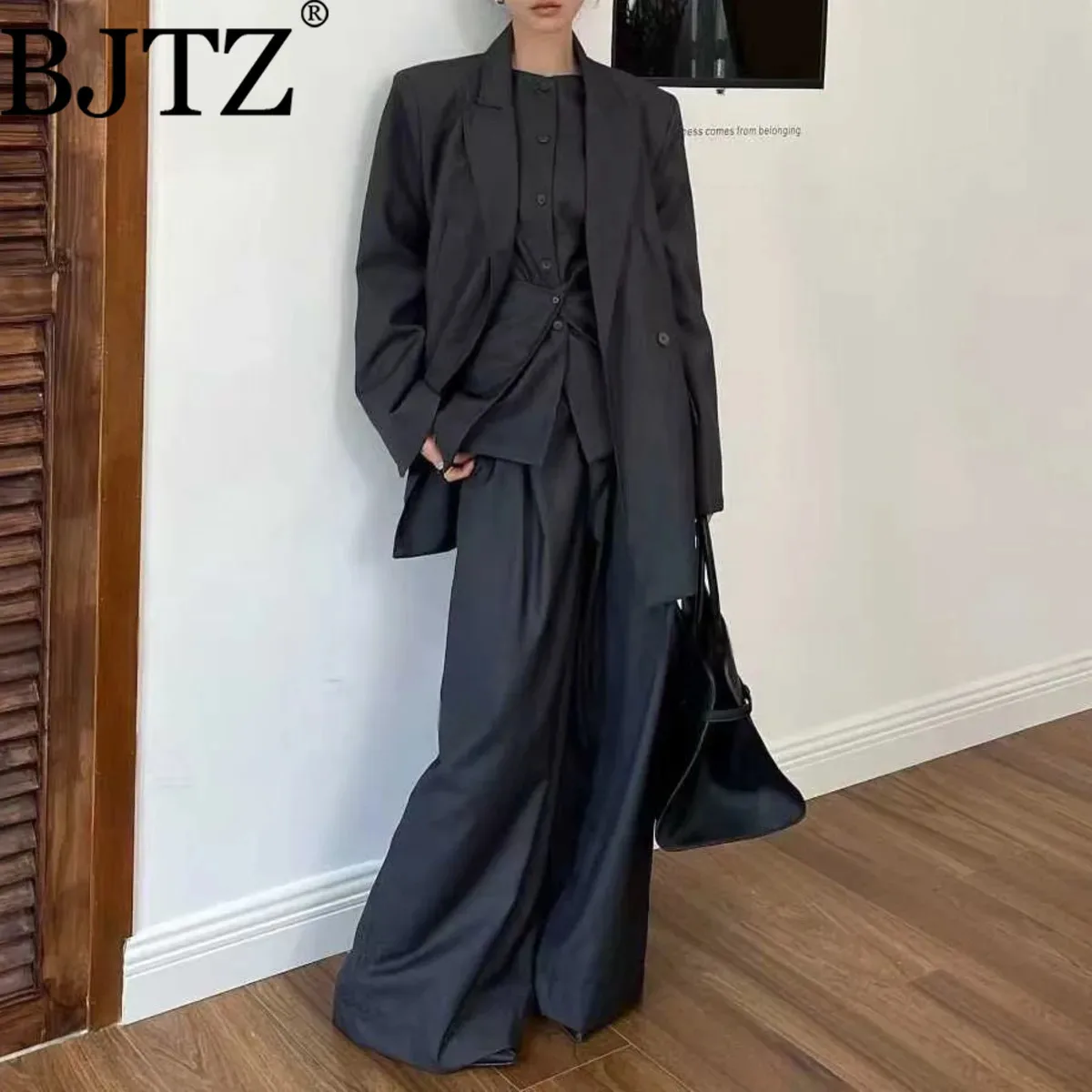 

BJTZ Свободный пиджак для женщин, дизайнерский жилет без рукавов с круглым вырезом + брюки с высокой талией, комплект из двух предметов, осень 2023, новая мода