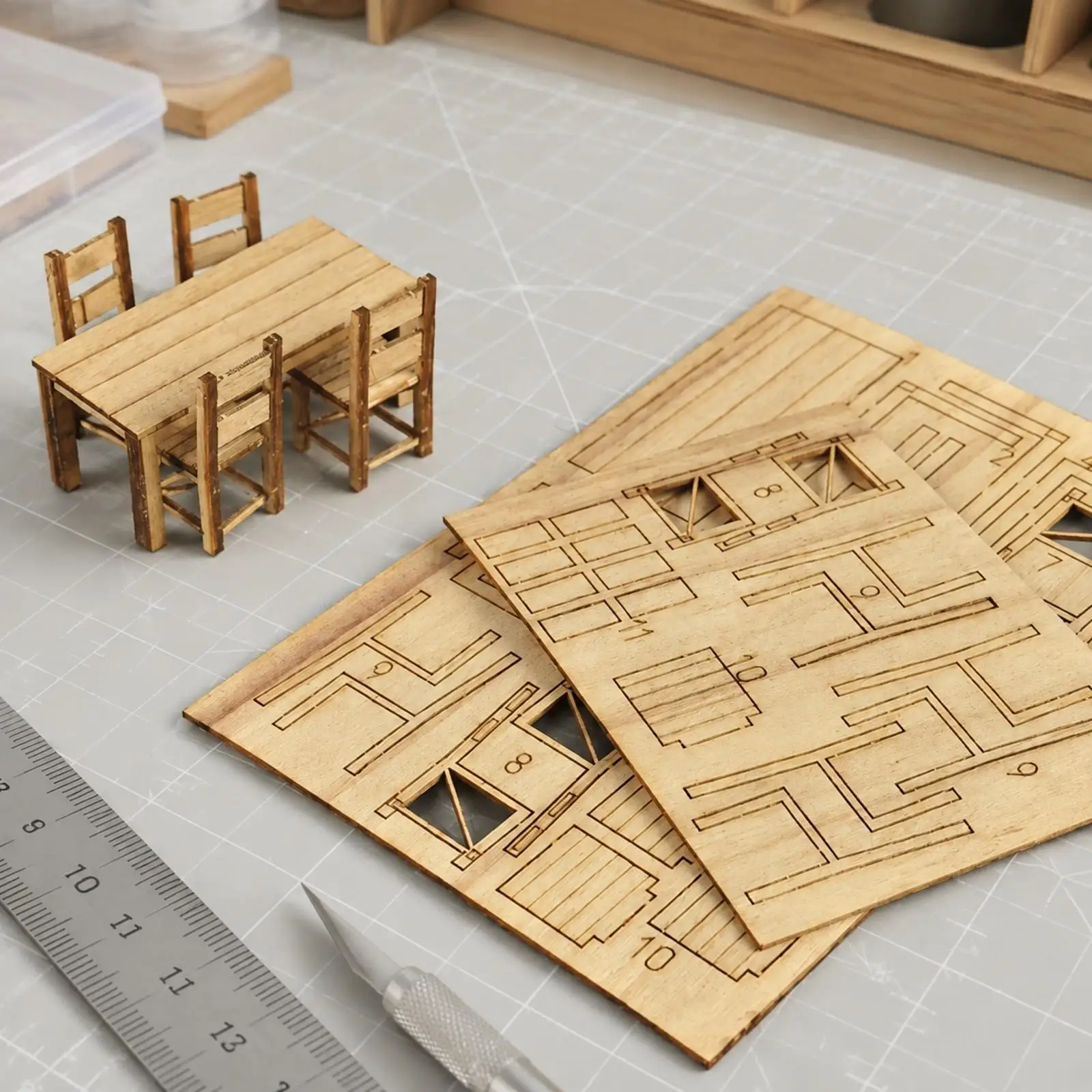 Cut Wood Furniture Model Set Unpainted Pieces for Diorama Scenes Creative Miniature Display Hobby