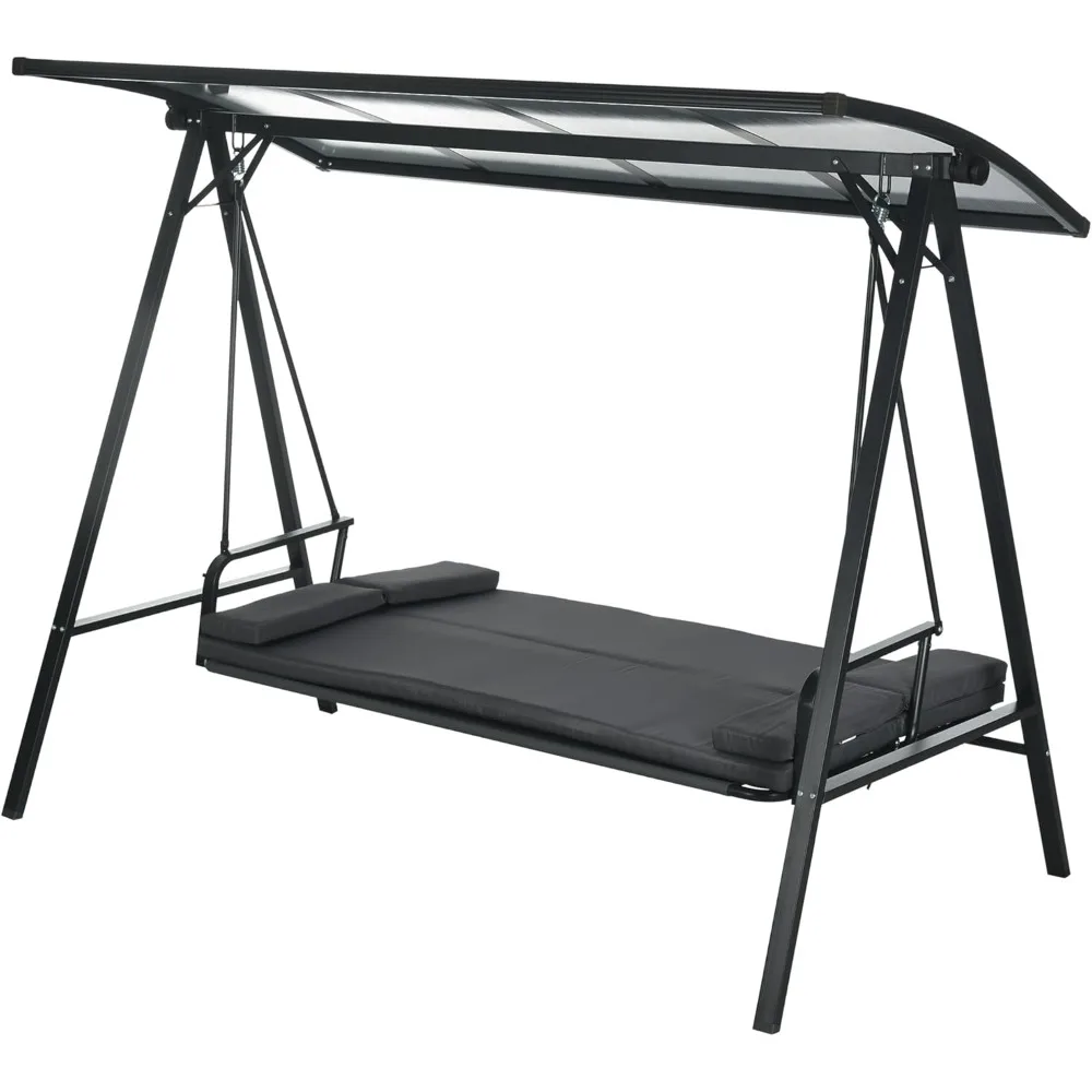 

3-Seater Patio Swing Chair, Outdoor Swing Convertible Daybed with Cushions, Adjustable Polycarbonate Canopy Sunshade Roof