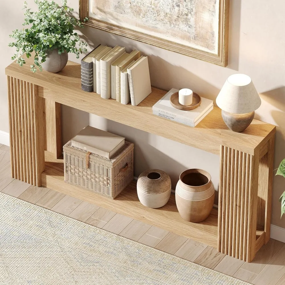 Mesa de console de madeira canelada com 2 armazenamento, mesa de entrada retangular de 71 polegadas atrás do sofá, sofá Boho de fazenda T