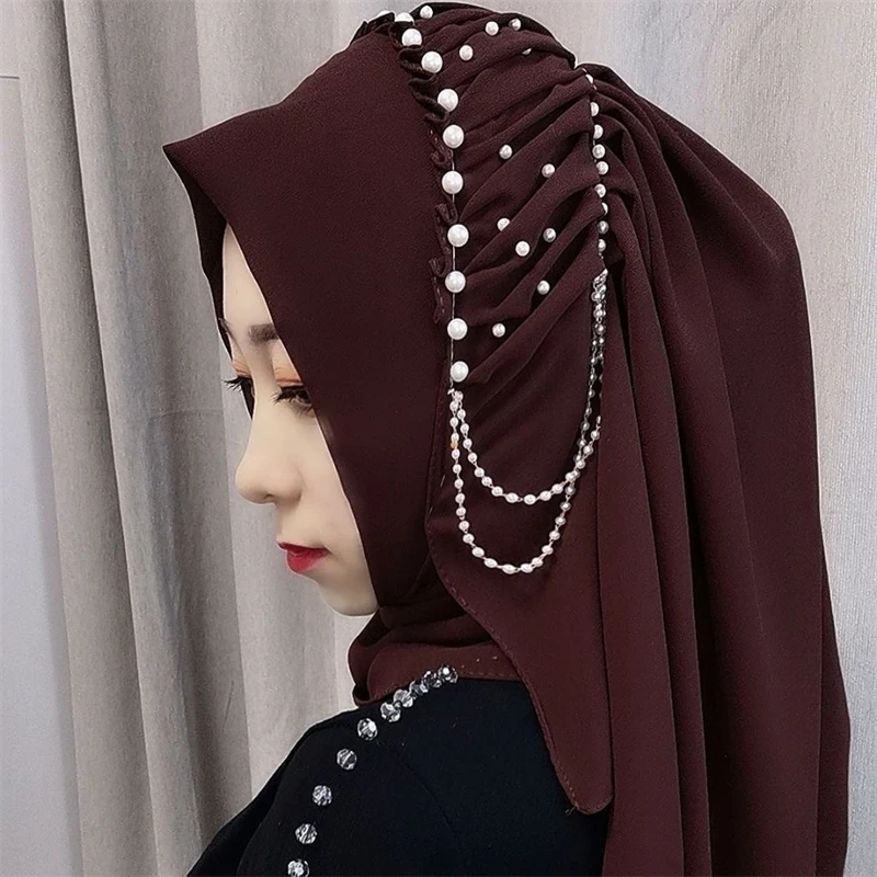 

Muslim Women Shawl Headscarf Pearl Summer Malaysia Chiffon Scarf Hat Prayer Kufi Islam Saudi Arabia Headwraps