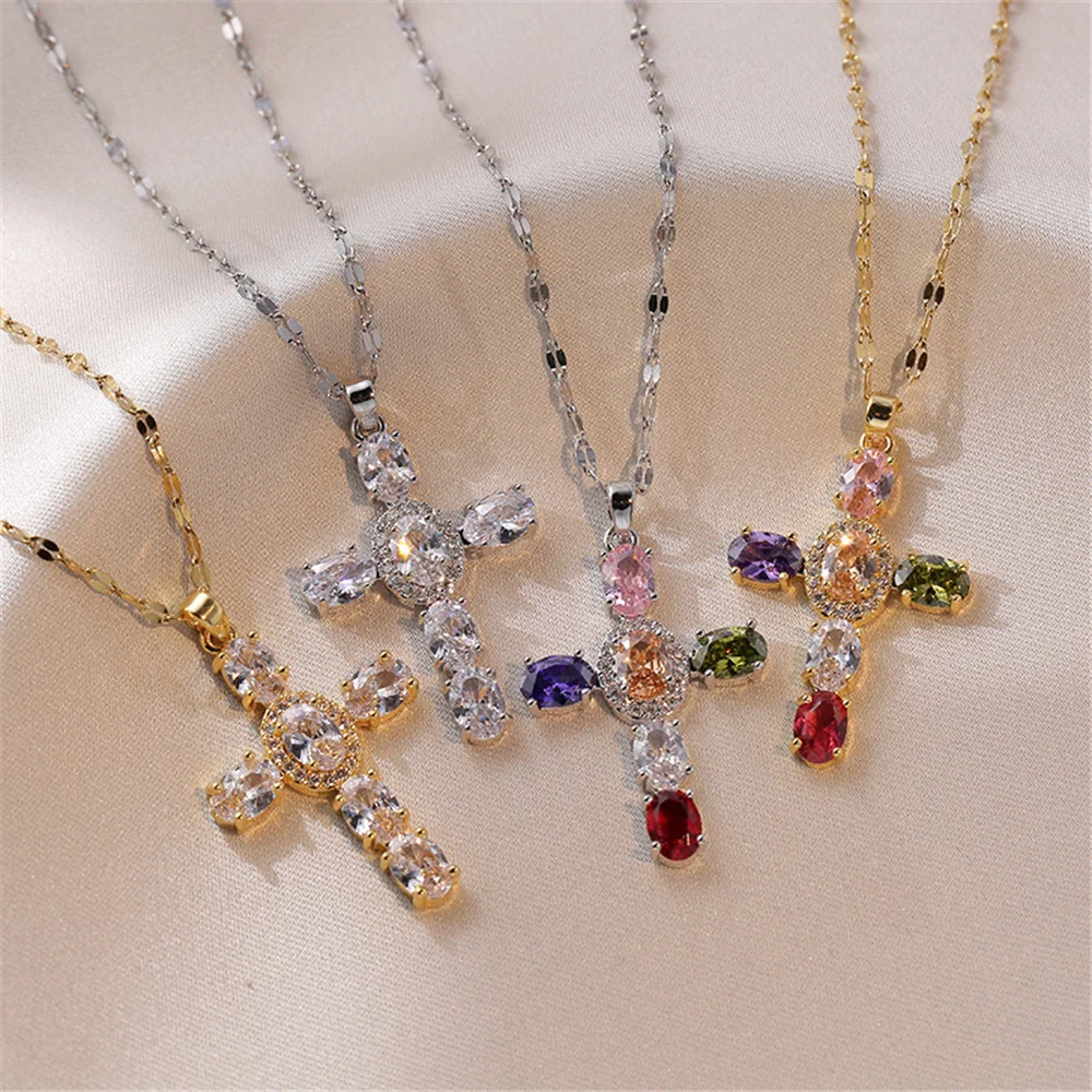 Luxury Female White Rainbow Zircon Stone Cross Pendant Necklace Vintage Gold Color Wedding Jewelry For Women