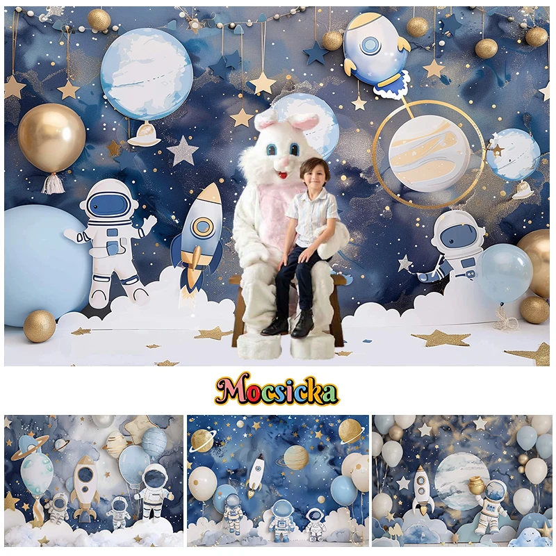 Mocsicka Photography Background Space Astronaut Galaxy Balloon Decor 1st Birthday Party Boy Cake Smash Backdrop Photo Studio