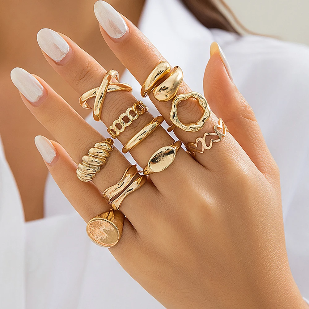 10pcs/set Trendy Geometric Cuff Rings Set for Women Metal Adjustable On The Finger Ring Ladies Fashion Statement Jewelry