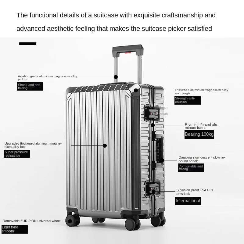 100% Aluminium-Magnesiumlegering Rollende Bagage Aluminium Reiskoffer Metalen Trolley Case Universele Wiel Wachtwoord Instaptas