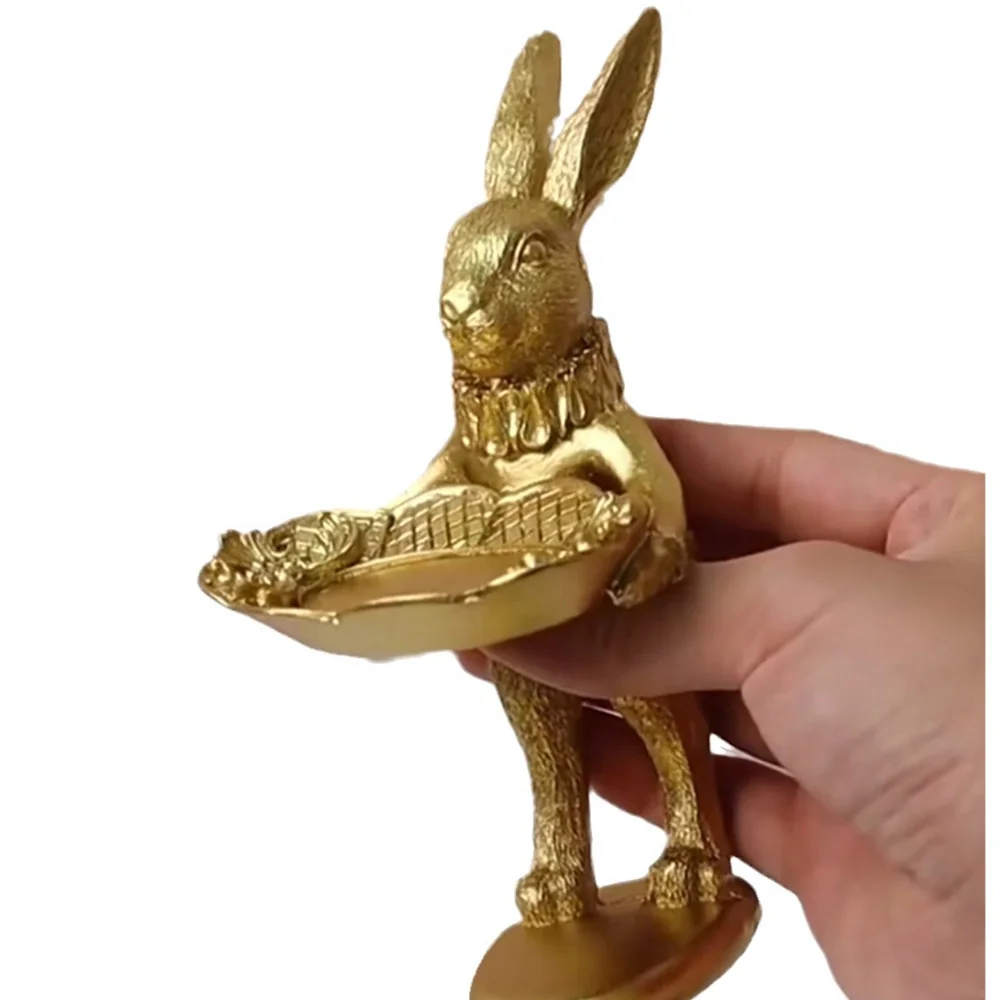 Retro Golden Cute Bunny Statue Decor Jewelry Tray Trinket Holder Decorative Easter Rabbit Resin