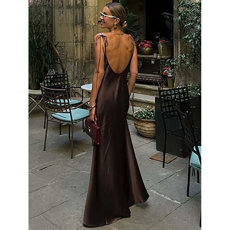 Bonny Elegant Brown Slim Womens Dresses Fashion Spaghetti Strap Open Back Dresses Casual Straight Floor-Length Dress Streetwear