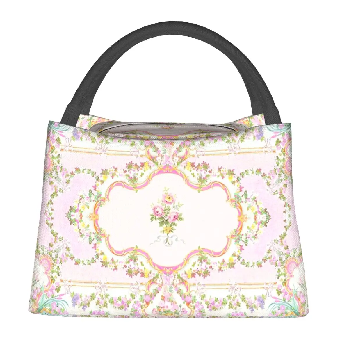 French Rococo Floral Watercolor Panel Insulated Lunch Bag for Women Kids Portable Food Boxes Thermal Lunch Box Tote