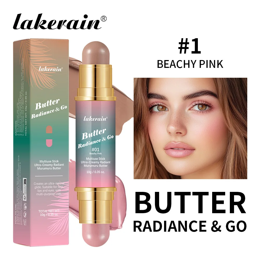 Lakerain Butter Radiance Bastone per trucco viso multiuso Guance Contorno Bastone a doppia testa Durata Labbra setose naturali Occhi 4 in 1
