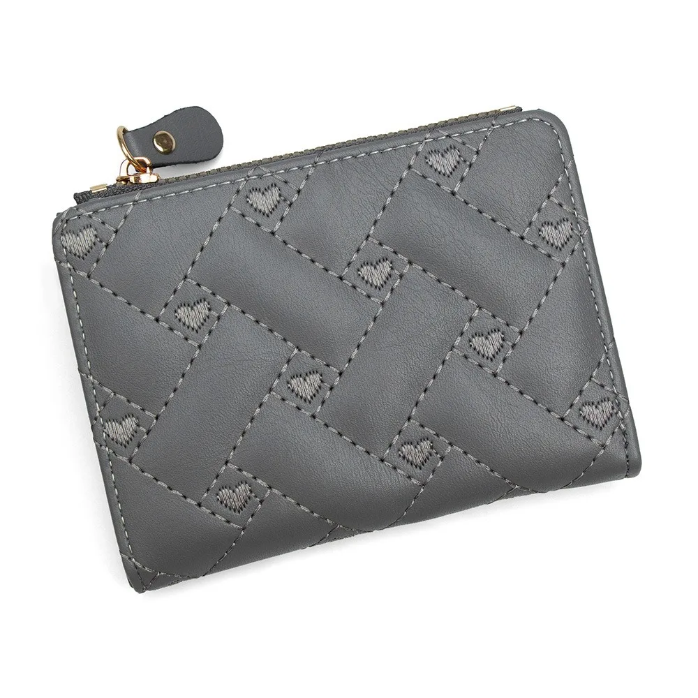 Fashion Short Style Love Embroidered Wallet with Zipper PU Card Bag Large Capacity Simple Design Women Wallet Women