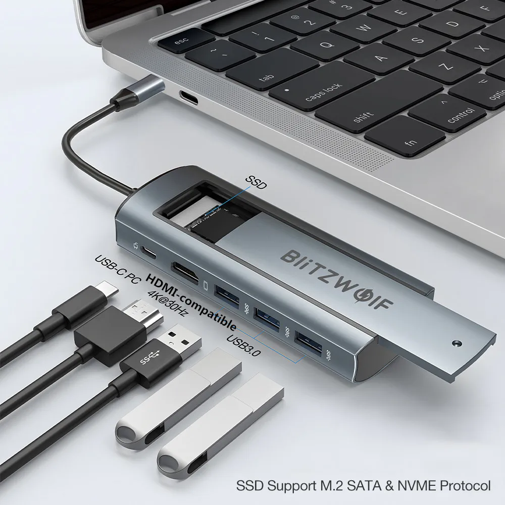 BlitzWolf BW-Neo TH13 Pro 6-in-1 Docking Station with SSD Card Slot Support M.2 Dual Protocol Hard Disk 3*USB 3.0 PD100W 4K@30H