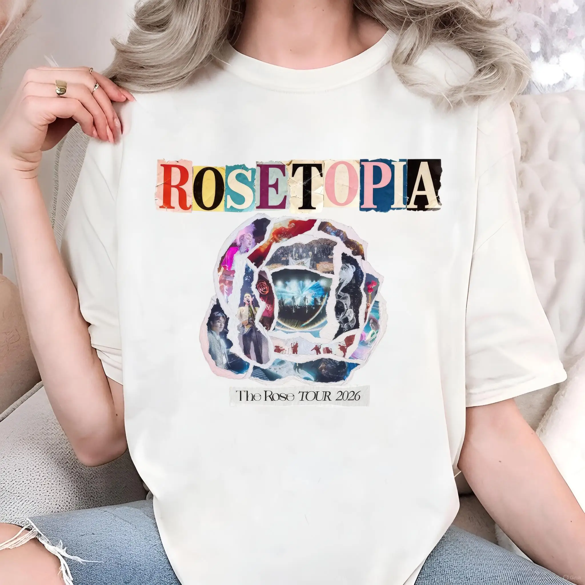 The Rose ROSETOPIA Tour 2026 Graphic T Shirt Vintage Torn Paper Rose Collage Oversized Cotton Unisex Short Sleeve KRock Fan Gift