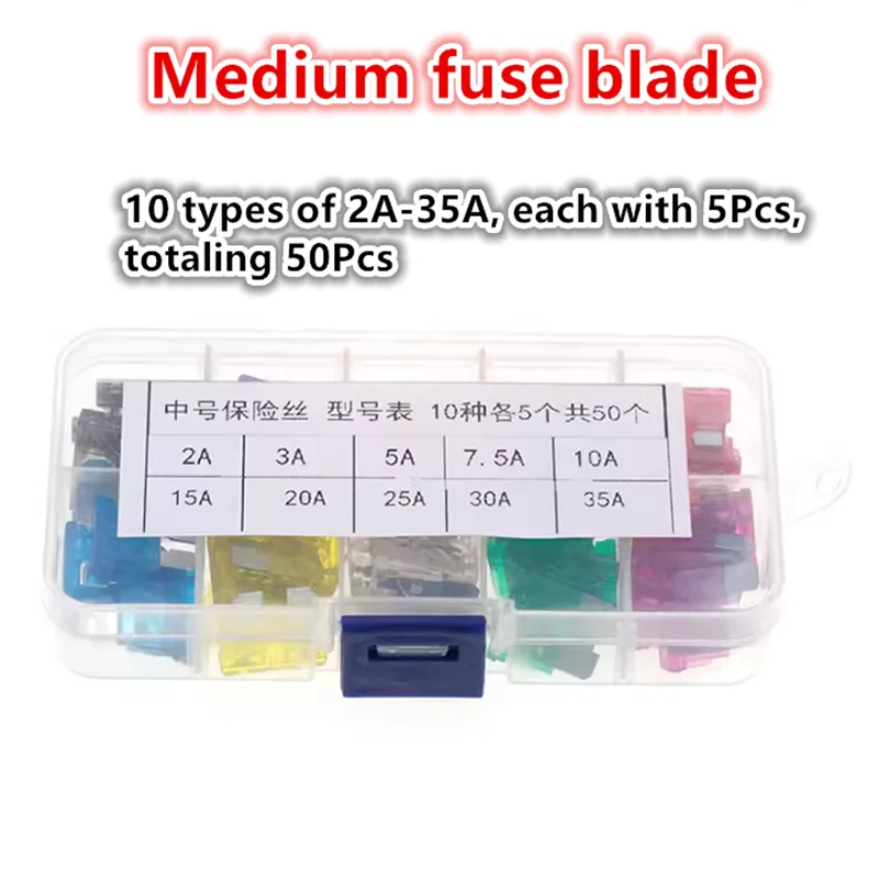 50Pcs Auto Truck Standard Blade Fuse Assortment Car Fuses Kit Assorted 2/3/5/7.5/10/15/20/25/30/35A Car Fuse With Box Clip